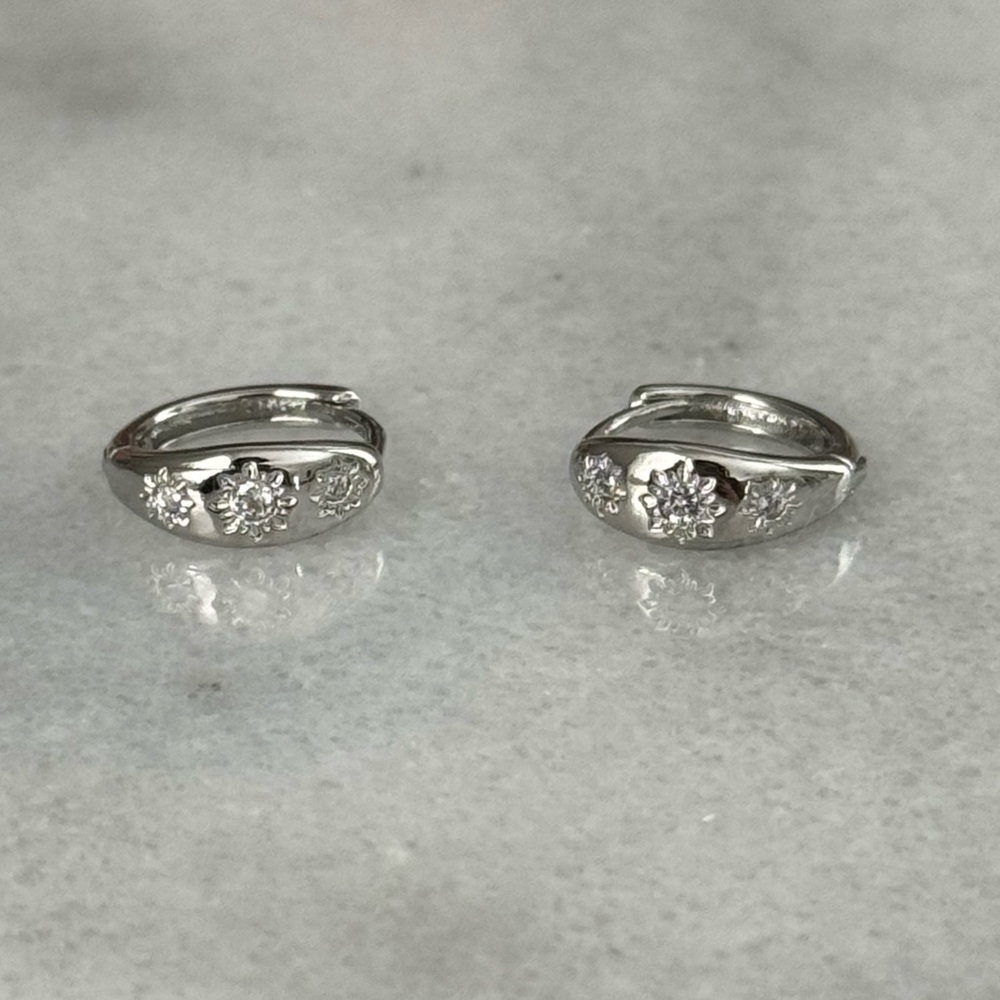 New Drop! Silver Thick Small Huggie Hoop Flower Engraved Crystal Earrings